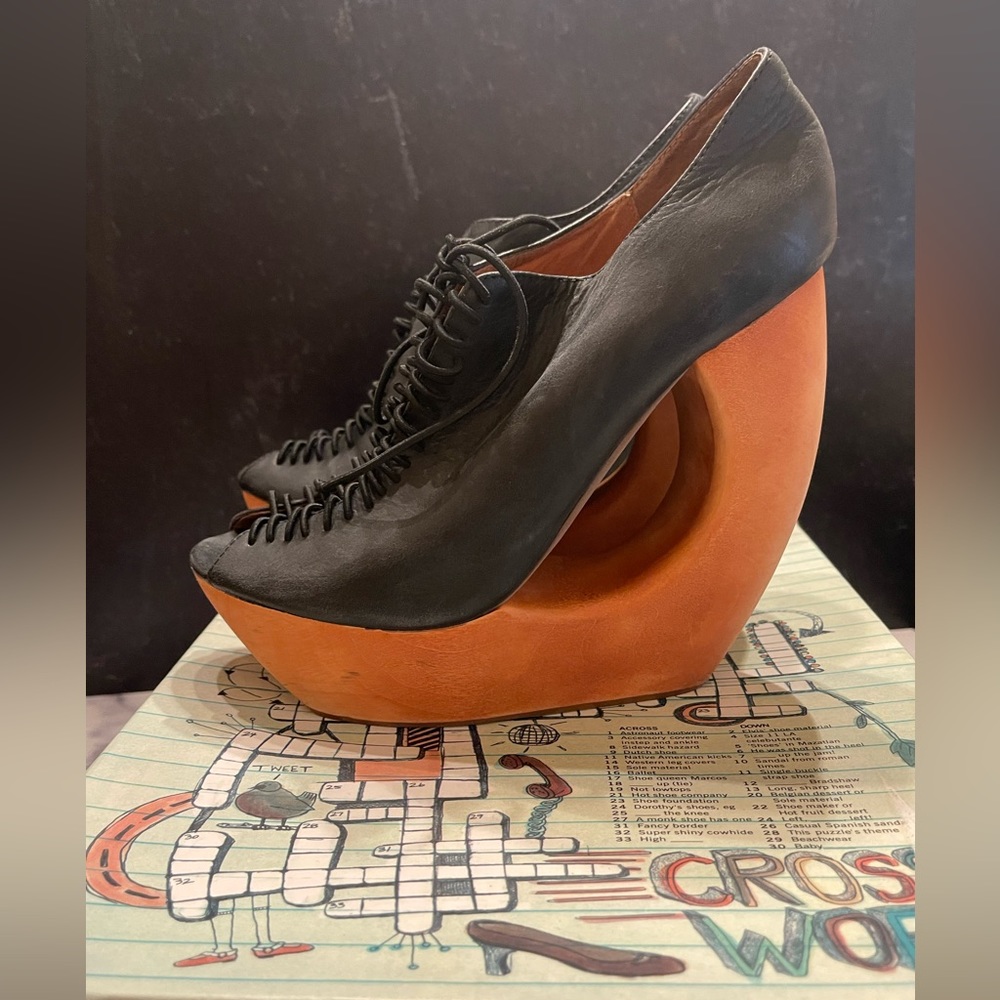 Jeffrey Campbell Havana Last Rockin Platforms Black Leather Wood Cutout Wedge.